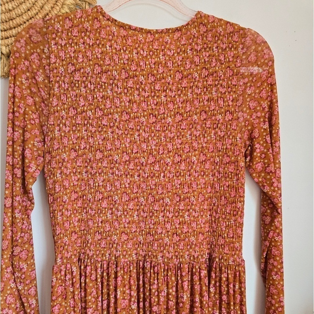 Free People Hello and Goodbye Orange Floral Mesh Smocked Midi Dress SZ Small - Picture 9 of 14